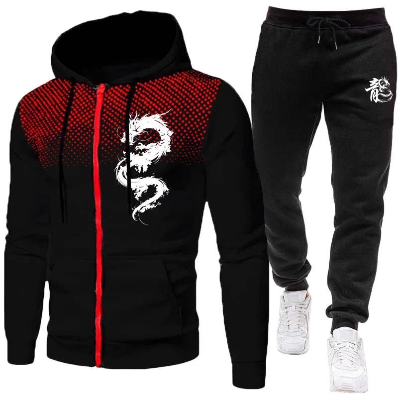 Winter Clothing For Men - Męski Zestaw z Nadrukiem Smoka Paryskiego,