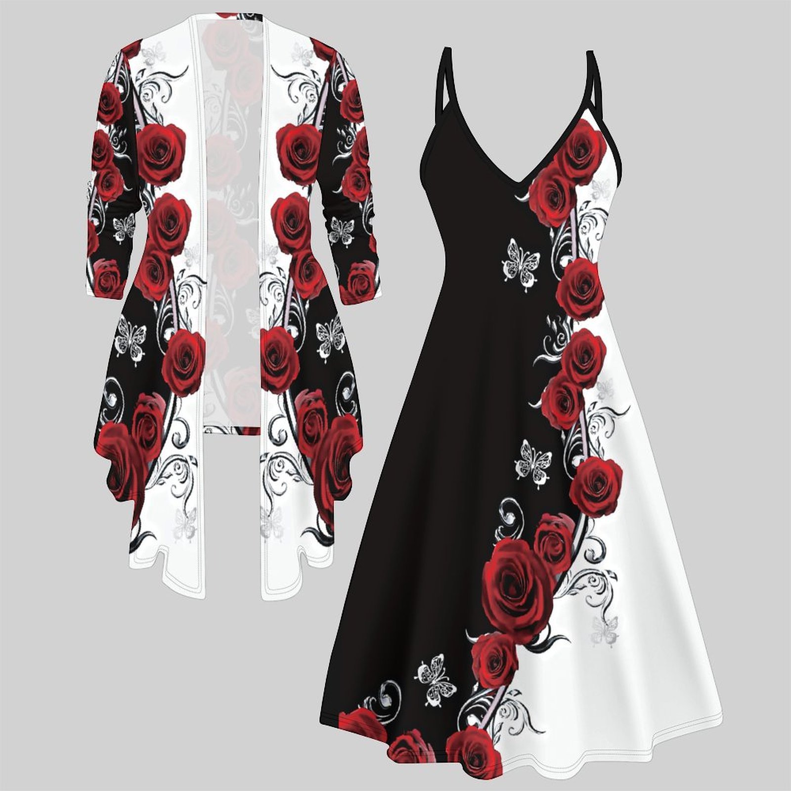 Winter Clothing Women Sale - Damski dwuczęściowy zestaw: sukienka midi, kardigan